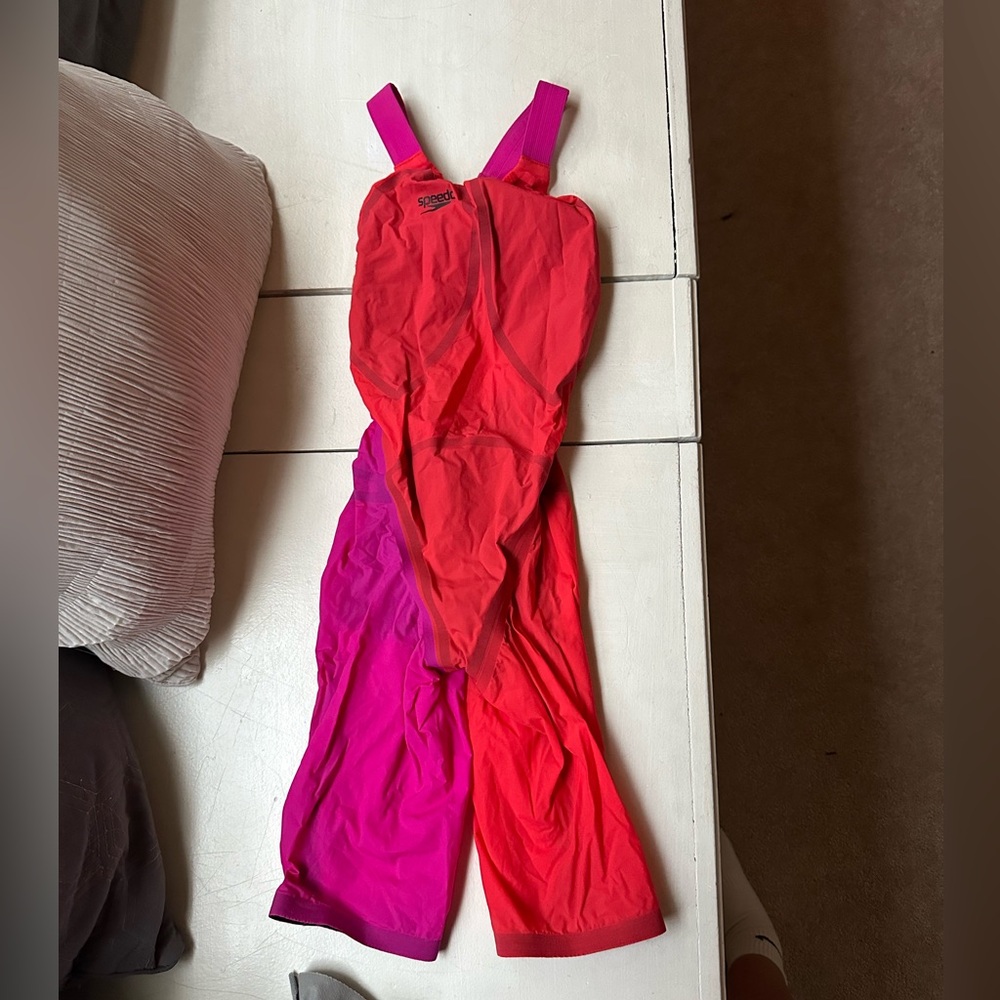 Speedo fast skin “fruit punch” color block open back knee skin